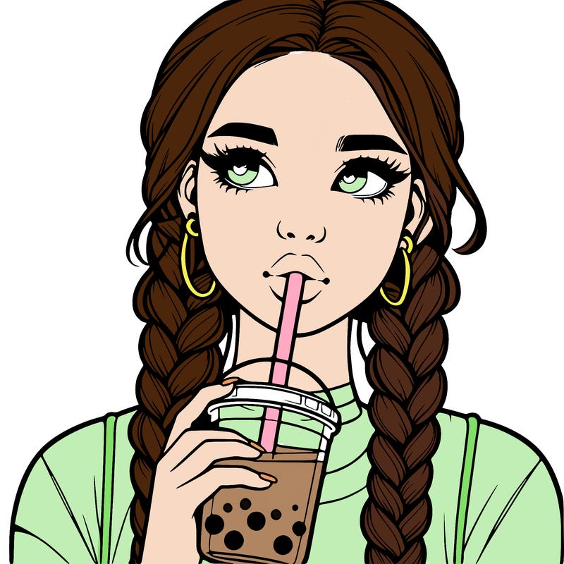realistic girl with braided hair drinking boba