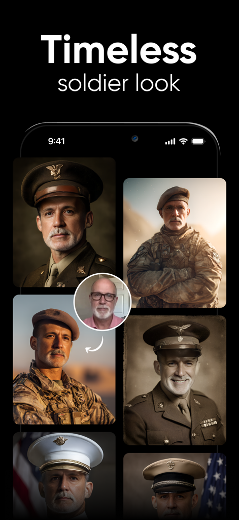 Shots - AI Photo & Video Maker - Shotsアプリを使用して、古代から現代までの様々な軍人スタイルに変身した年配男性のAI生成ポートレートのコラージュ。