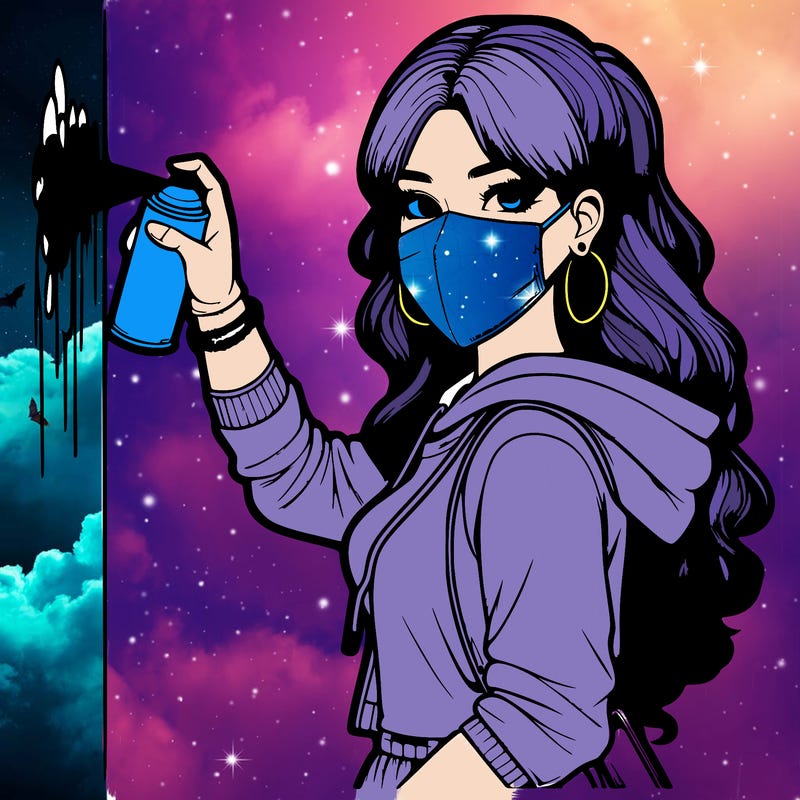 realistic girl with mask spray painting a wall