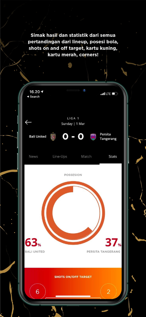 Bali United - Bali United app interface displaying match statistics including ball possession and shots on target