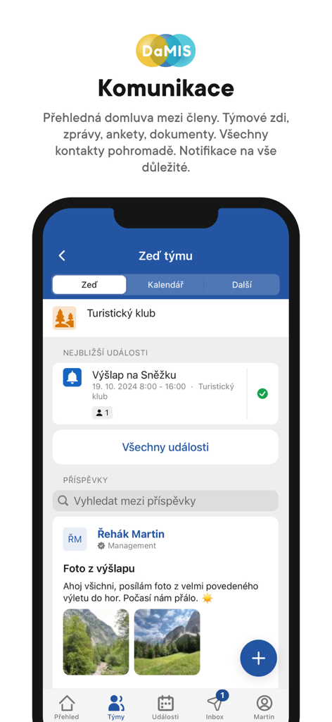 DaMISアプリのインターフェース。ソーシャル投稿や今後のハイキングクラブイベントが表示されたチームコミュニケーションウォールを表示