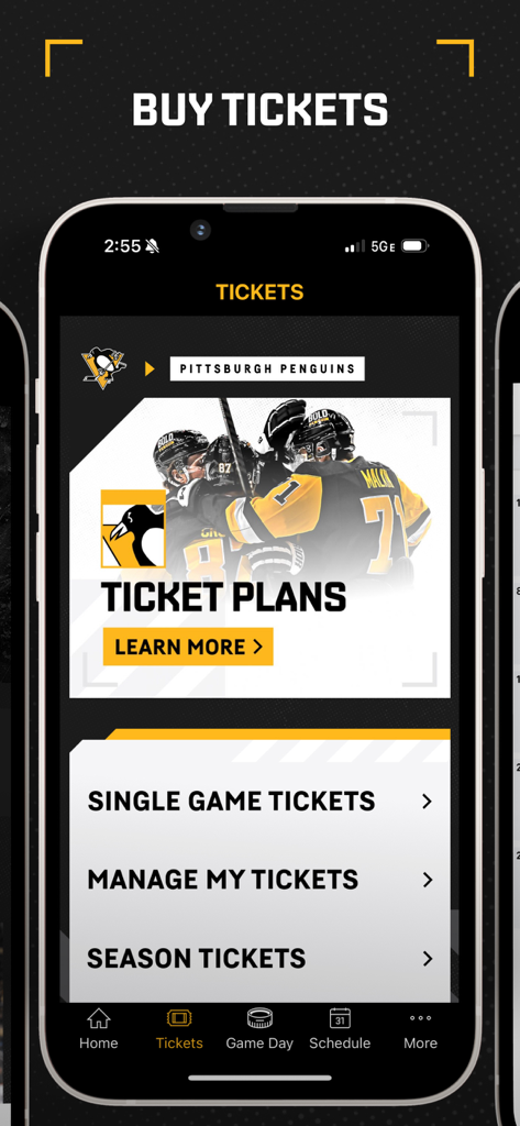 A screenshot of the Pittsburgh Penguins app showing the ticket management interface with options for single game and season tickets.