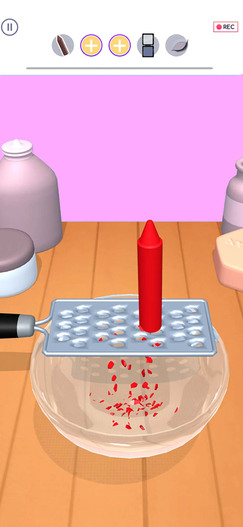 DIY Makeup - Grating a red crayon into a bowl for DIY lipstick creation in the DIY Makeup app