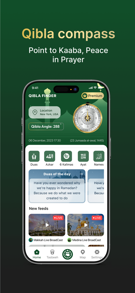 Muslim Prayer - Qibla Compass - Smartphone screen displaying the Qibla compass finder and daily Islamic features including live broadcasts from Makkah and Medina