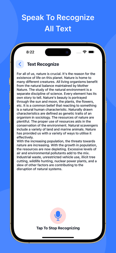 PDF Viewer: Easy PDF Viewer - A smartphone screen showing the speech to text recognition feature of the PDF Viewer app with a transcript and microphone icon