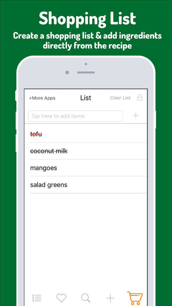 A mobile app interface displaying a vegan grocery shopping list with items like tofu and mangoes.