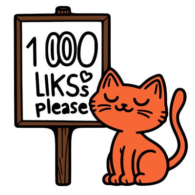 a cat next to a sign that says 100 likes please
