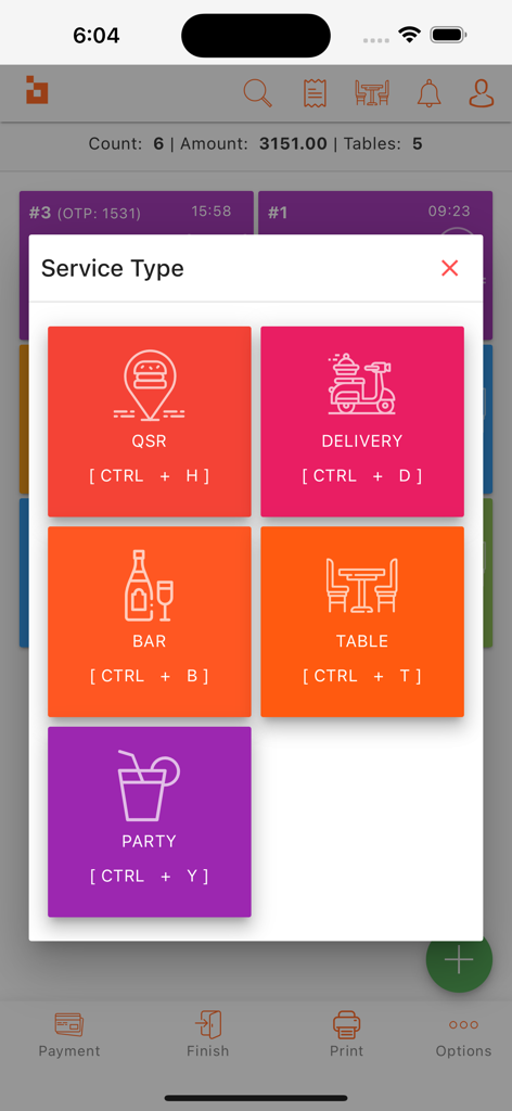 Digitory DigiPoS - Digitory DigiPoS App-Bildschirm mit Optionen zur Auswahl von Servicearten wie QSR, Lieferung, Bar, Tisch und Party