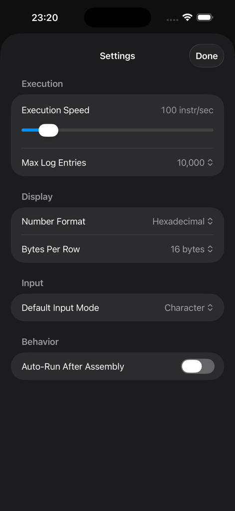 Settings menu of the Assembly Lab app showing options for execution speed and display formats.