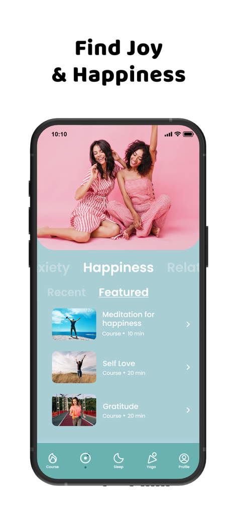 The Mindfulness Meditation App - Interfaz de la Aplicación de Meditación Mindfulness que muestra la sección de Alegría y Felicidad con cursos de Amor Propio y Gratitud.
