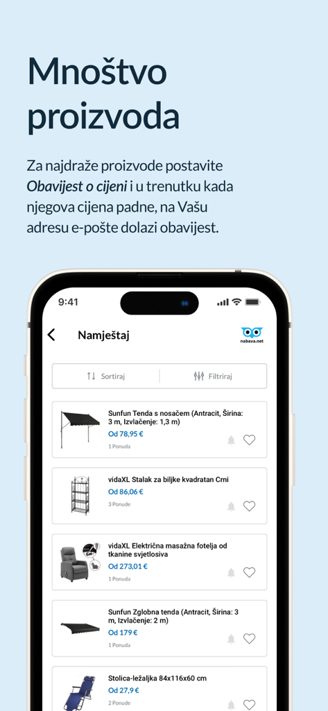 Mobiler App-Bildschirm von Nabava.net mit einer Liste von Möbelprodukten mit Preisen und Vergleichsoptionen