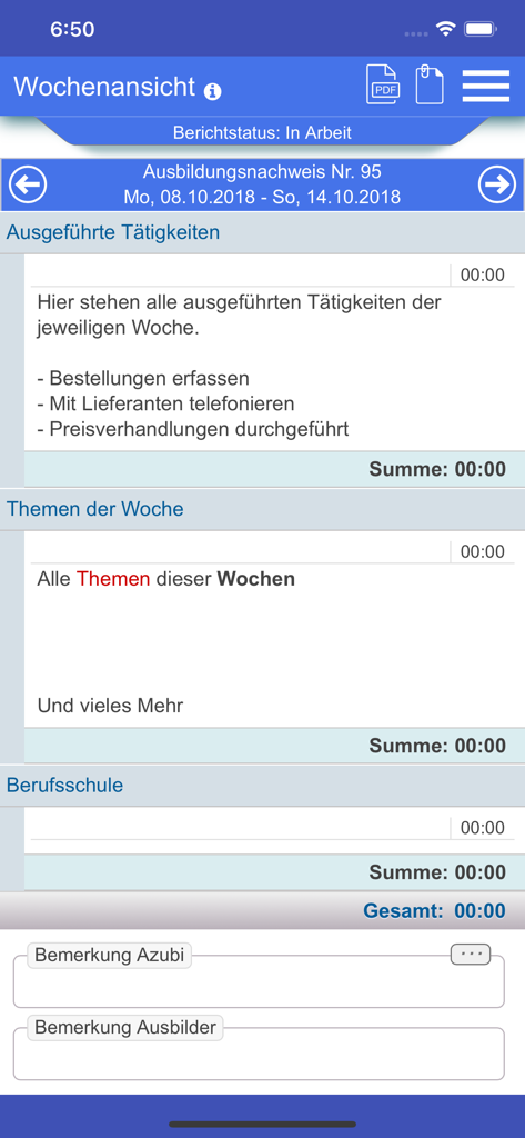 Azubiheft App - Oberfläche der Azubiheft App mit einer wöchentlichen Übersicht über Berufsausbildungsprotokolle mit Aktivitätsprotokollen