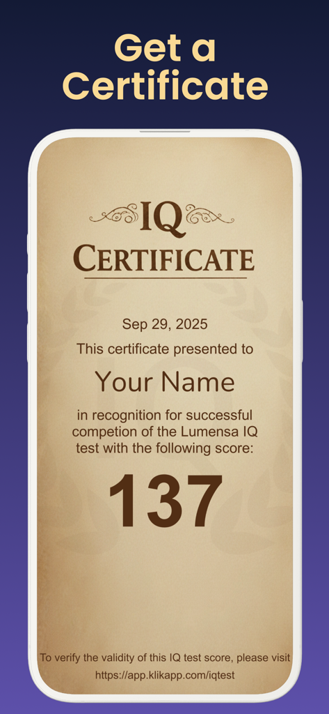 Exibição de aplicativo móvel de um certificado de teste de QI com uma pontuação alta de 137
