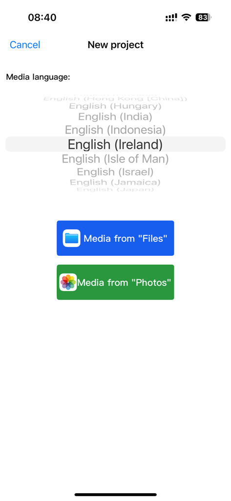 Build SRT - Interfaz de la aplicación Build SRT para seleccionar el idioma de los medios e importar vídeo desde Archivos o Fotos para generar subtítulos