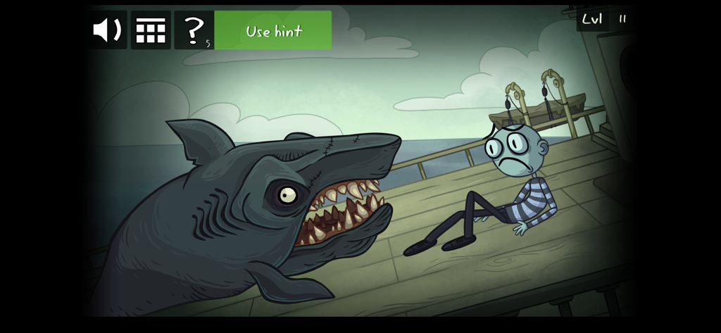 A scary cartoon shark confronting a character on a ship deck in a Troll Face Quest Horror 2 puzzle