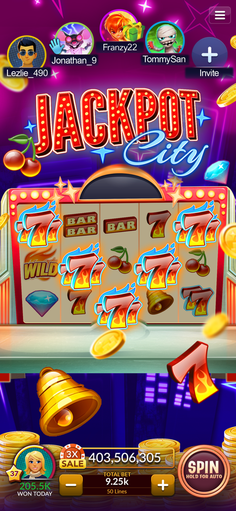 Gameplay of Jackpot City virtual slot machine featuring flaming sevens and social player avatars