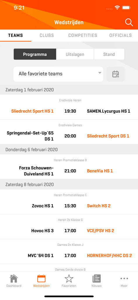 Volleybal.nl - Mijn Volleybal - Match schedule screen in the Mijn Volleybal app showing team fixtures and game times