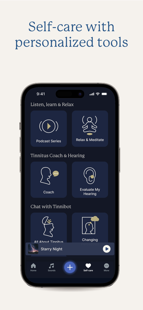 MindEar | Tinnitus Relief - Interface of the MindEar app displaying personalized tinnitus self-care tools including podcasts and coaching