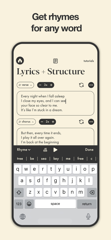 Interface of Demo songwriting app featuring lyric editor and rhyme suggestions