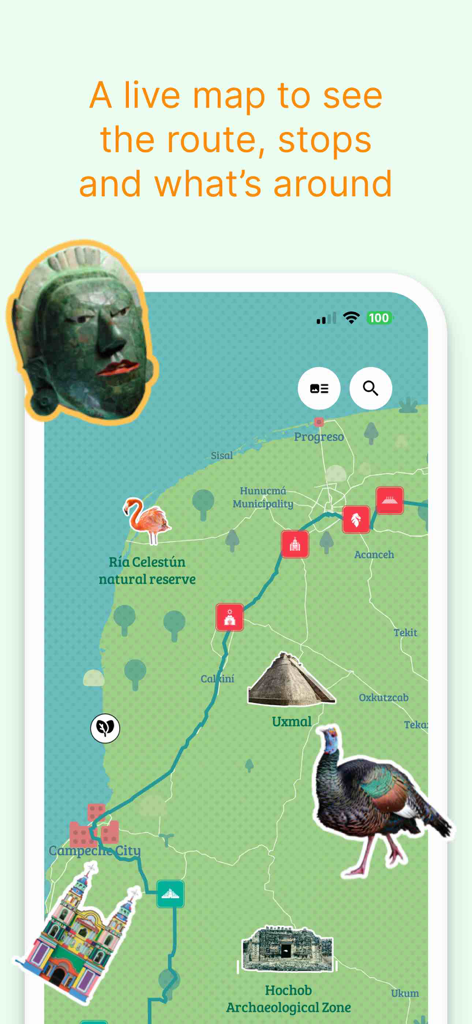 Tren Maya - The Guide - Eine interaktive Karte in der Tren Maya App, die die Zugroute entlang der Yucatán-Halbinsel mit Symbolen für lokale Attraktionen und Naturschutzgebiete anzeigt.