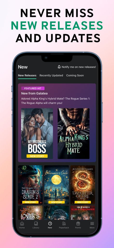 Galatea mobile app screen showing new romance stories and book updates