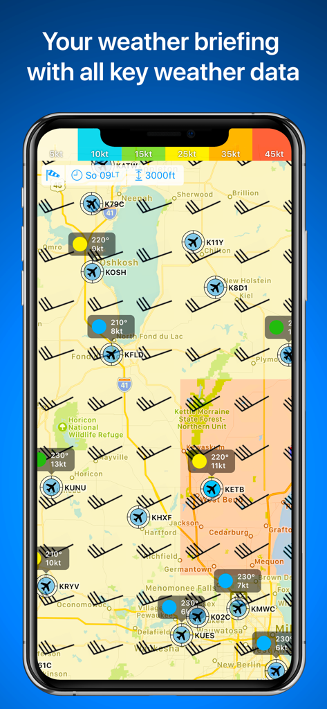 Carte météo aéronautique dans RunwayMap montrant les barbules de vent et les conditions de vol des aéroports