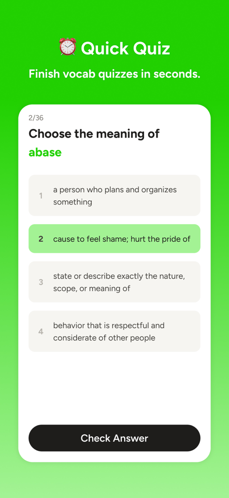 Quik: Magical Vocab Memory - Interfaz de la aplicación móvil que muestra un cuestionario de vocabulario para la palabra 'abase' con opciones de opción múltiple