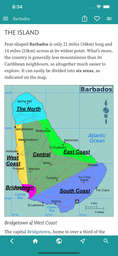 여행자를 위한 바베이도스의 6개 주요 지리적 지역을 보여주는 지도