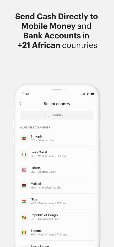 Chipper Cash - Schermata dell'app Chipper Cash che mostra un elenco di paesi africani per i trasferimenti di denaro