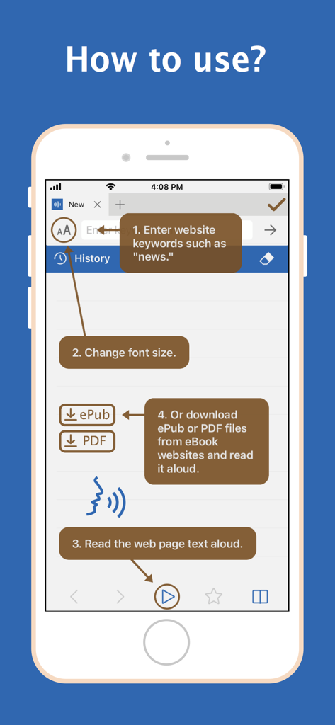 Audify app tutorial showing how to search websites change font size and read aloud text or ebook files