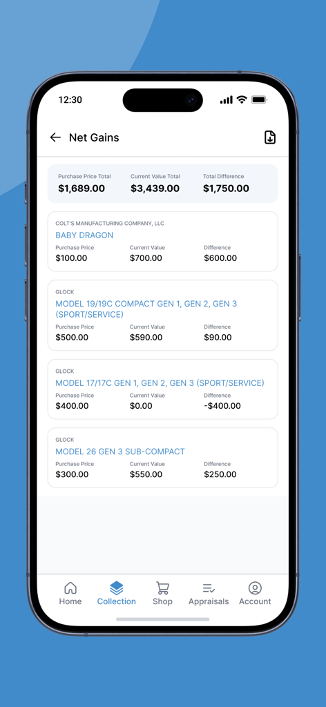A mobile screen from the Blue Book of Gun Values App showing the net gains and total value of a firearm collection.