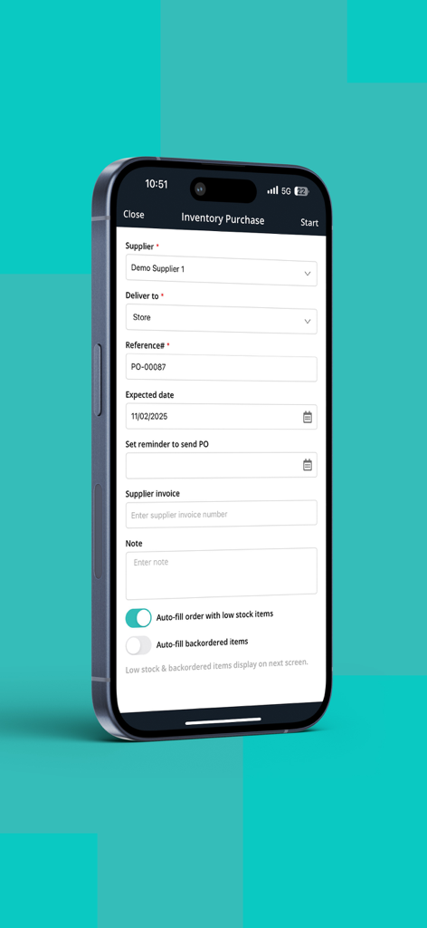 Inventory Scan by Hike - Mobile screen of Inventory Scan by Hike displaying an inventory purchase order form with fields for supplier delivery and reference number