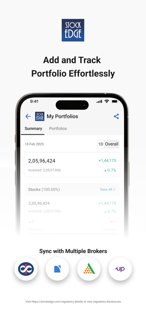 StockEdge mobile app screen displaying a stock portfolio summary and multiple broker synchronization options