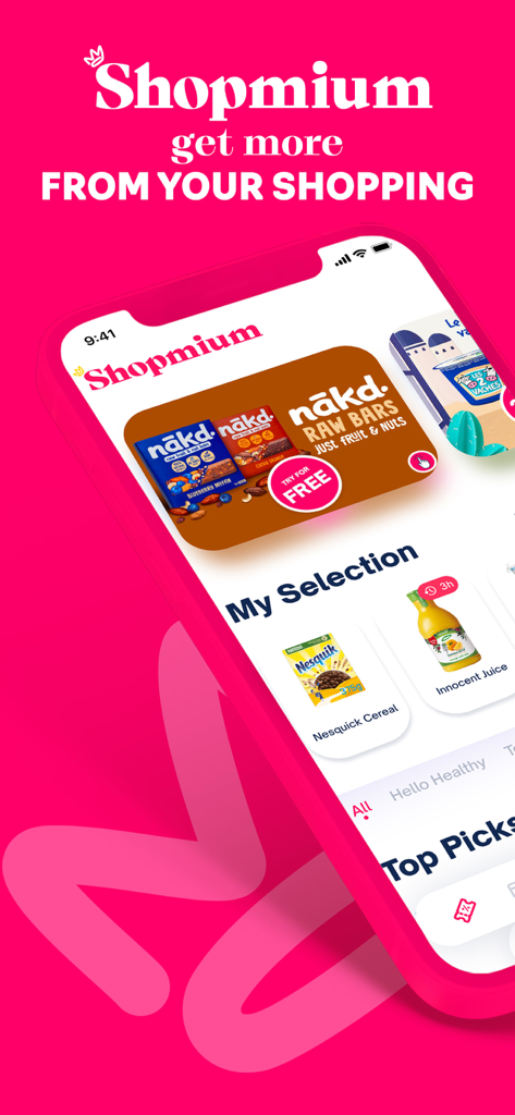 Interfaccia dell'app mobile Shopmium su uno smartphone che mostra offerte di cashback sulla spesa e omaggi per snack salutari