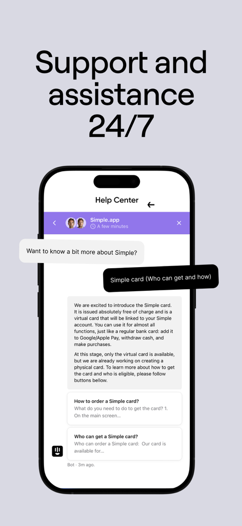 Smartphone screen showing the Simple crypto wallet Help Center interface with 24/7 support chat