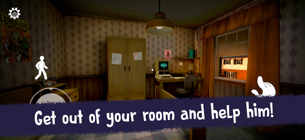 First-person perspective of a child's bedroom in Ice Scream 1 with a mission prompt to save a friend