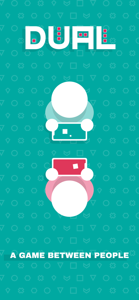 DUAL! - Pantalla de introducción del juego DUAL que muestra a dos jugadores jugando en dispositivos móviles separados frente a frente