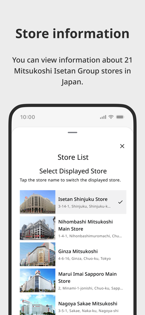 List of Mitsukoshi Isetan department store locations in Japan on the mobile app
