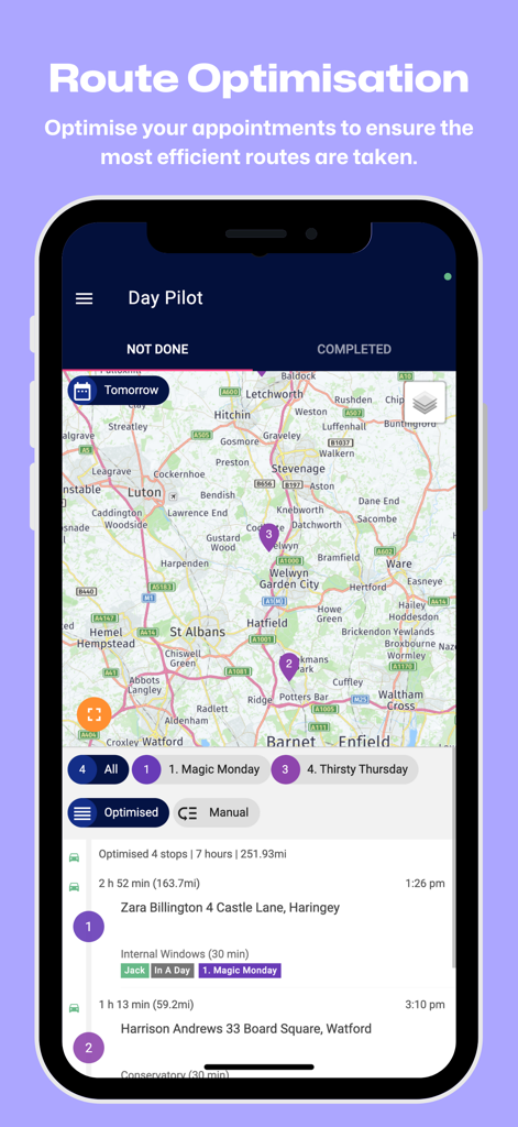 Squeegee app interface showing the route optimization map and day pilot schedule for service workers.