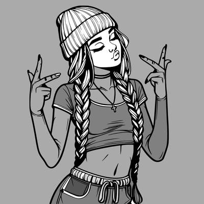 realistic teenage girl with braids and a beanie and crop top doing 🫶🏼