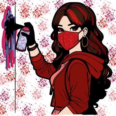 realistic girl with mask spray painting a wall
