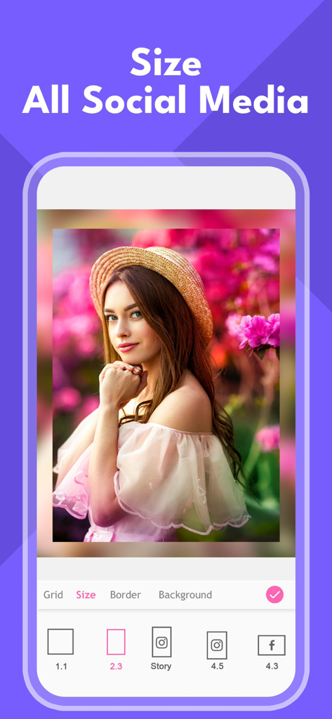 PicMix : Photo Collage Maker - PicMix app interface showing photo resizing options for different social media platforms like Instagram and Facebook