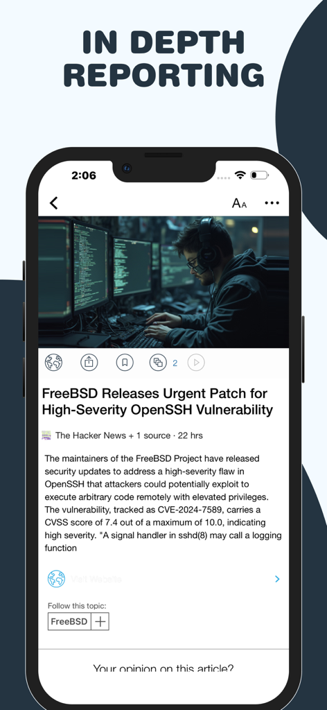 A smartphone displaying an in-depth technical news article about a security vulnerability on the Open Source and Software News app