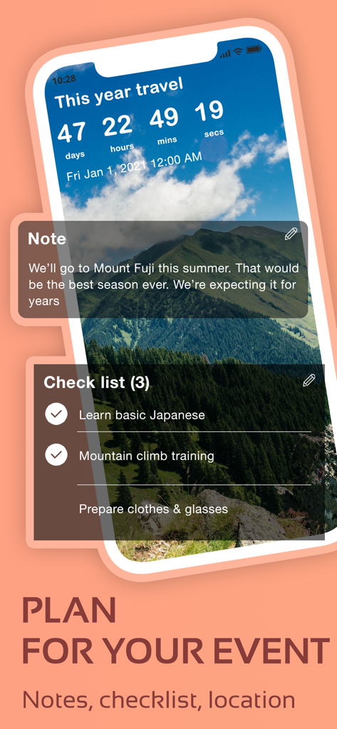 Countdown Widget Maker - Una cuenta regresiva de evento de viaje con notas y una lista de verificación de planificación en la aplicación Creador de Widgets de Cuenta Regresiva