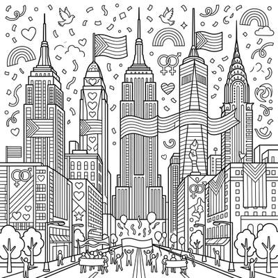Immerse yourself in a vibrant celebration of diversity with this unique coloring page featuring iconic skyscrapers adorned for Pride Month. Discover a festive cityscape filled with rainbows, hearts, and a joyful parade, ready for your creative touch.