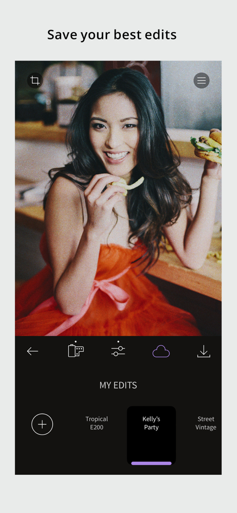 RNI Films: Photo & RAW Editor - RNI Films app interface showing the My Edits screen with custom saved film presets and a vintage portrait edit