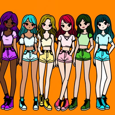 a group of girls wearing crop tops and shorts
