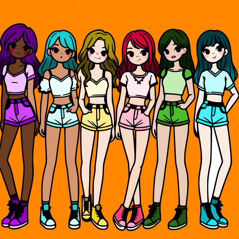 a group of girls wearing crop tops and shorts