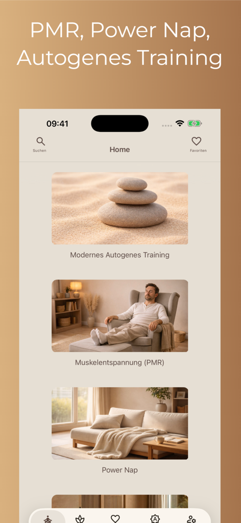 Screenshot of the Entspann dich app home screen featuring Autogenes Training, PMR, and Power Nap categories.