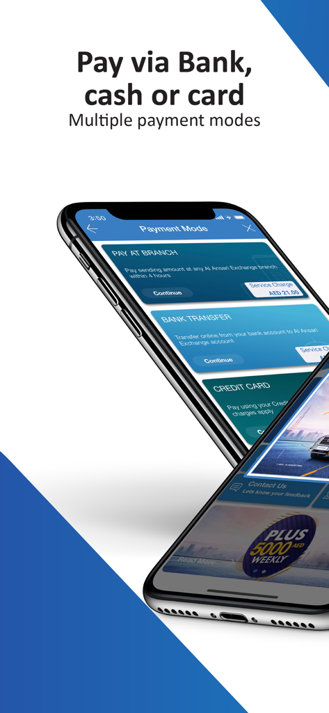 Bildschirm der Al Ansari Exchange-App, der verschiedene Zahlungsarten wie Banküberweisung, Bargeld und Kreditkarte anzeigt